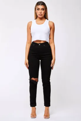 STRAIGHT LEG JEANS - BLACK DESTROYED KNEE