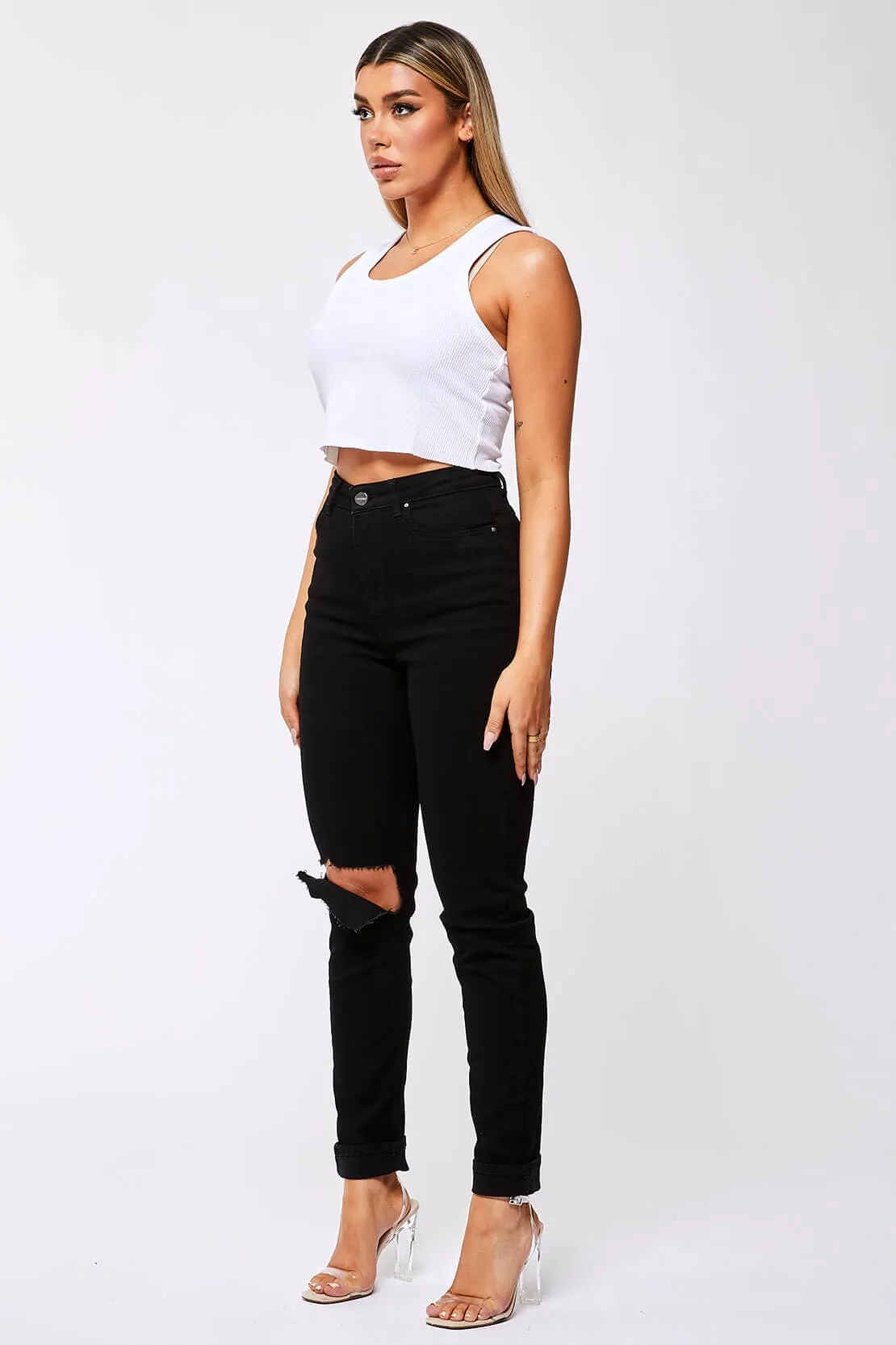 STRAIGHT LEG JEANS - BLACK DESTROYED KNEE