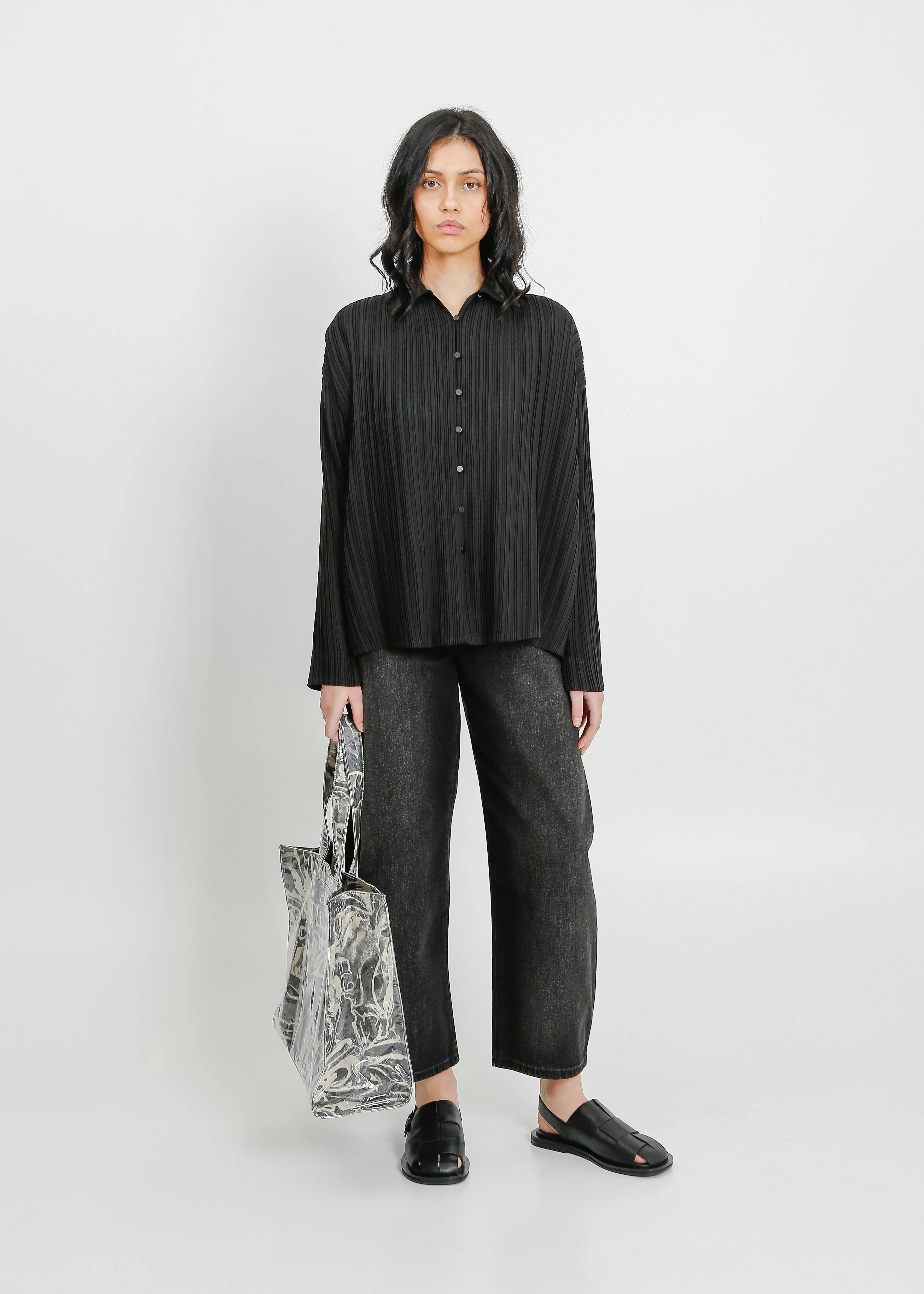 TEDDY PLEAT SHIRT  / BLACK