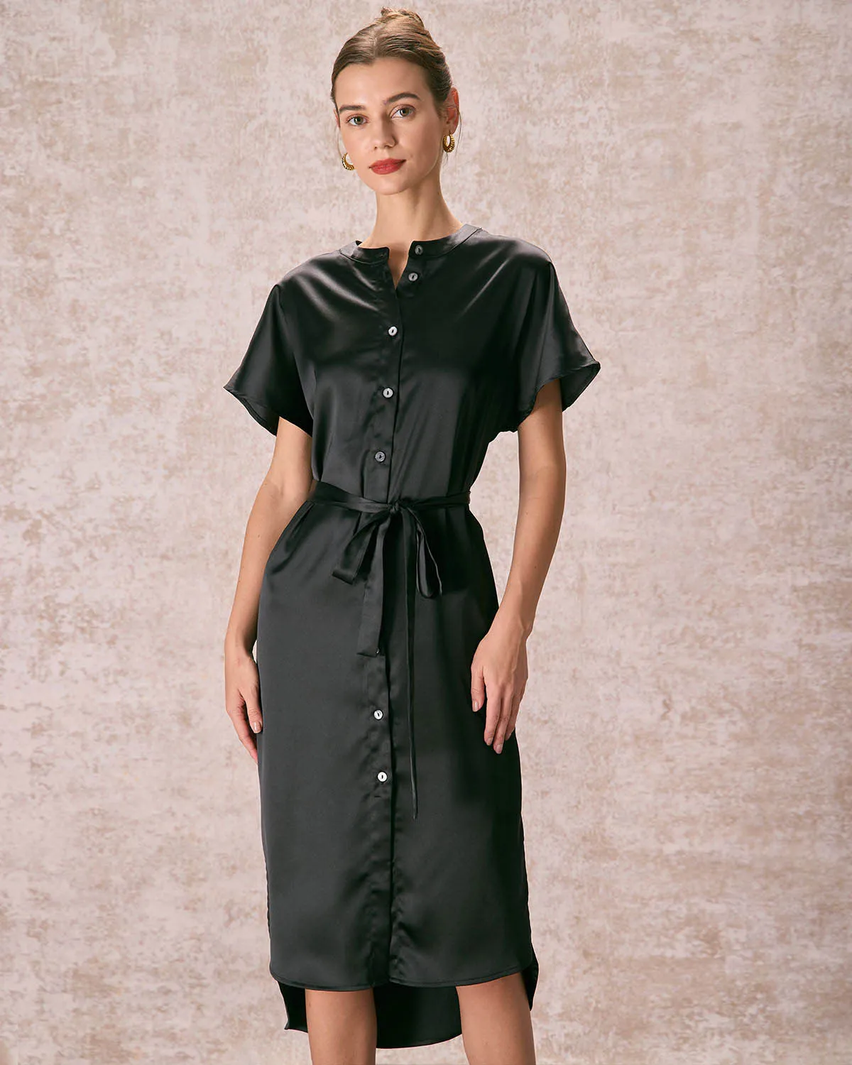 The Black Crew Neck Belted Satin Midi Dress