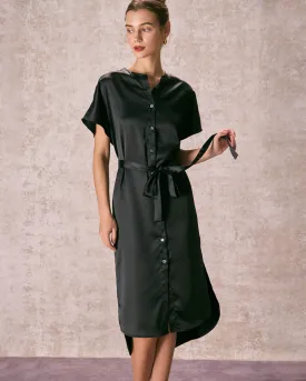 The Black Crew Neck Belted Satin Midi Dress