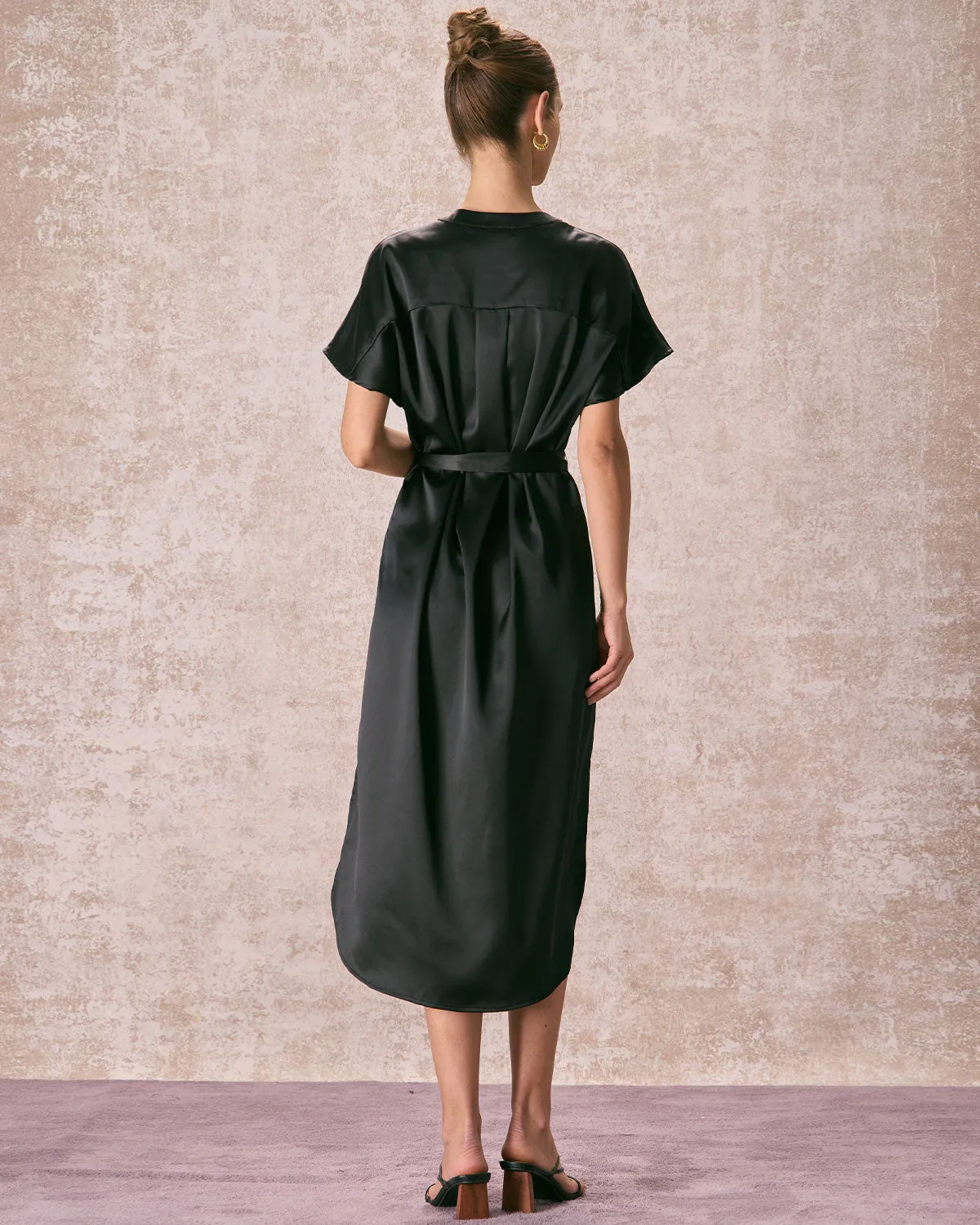 The Black Crew Neck Belted Satin Midi Dress