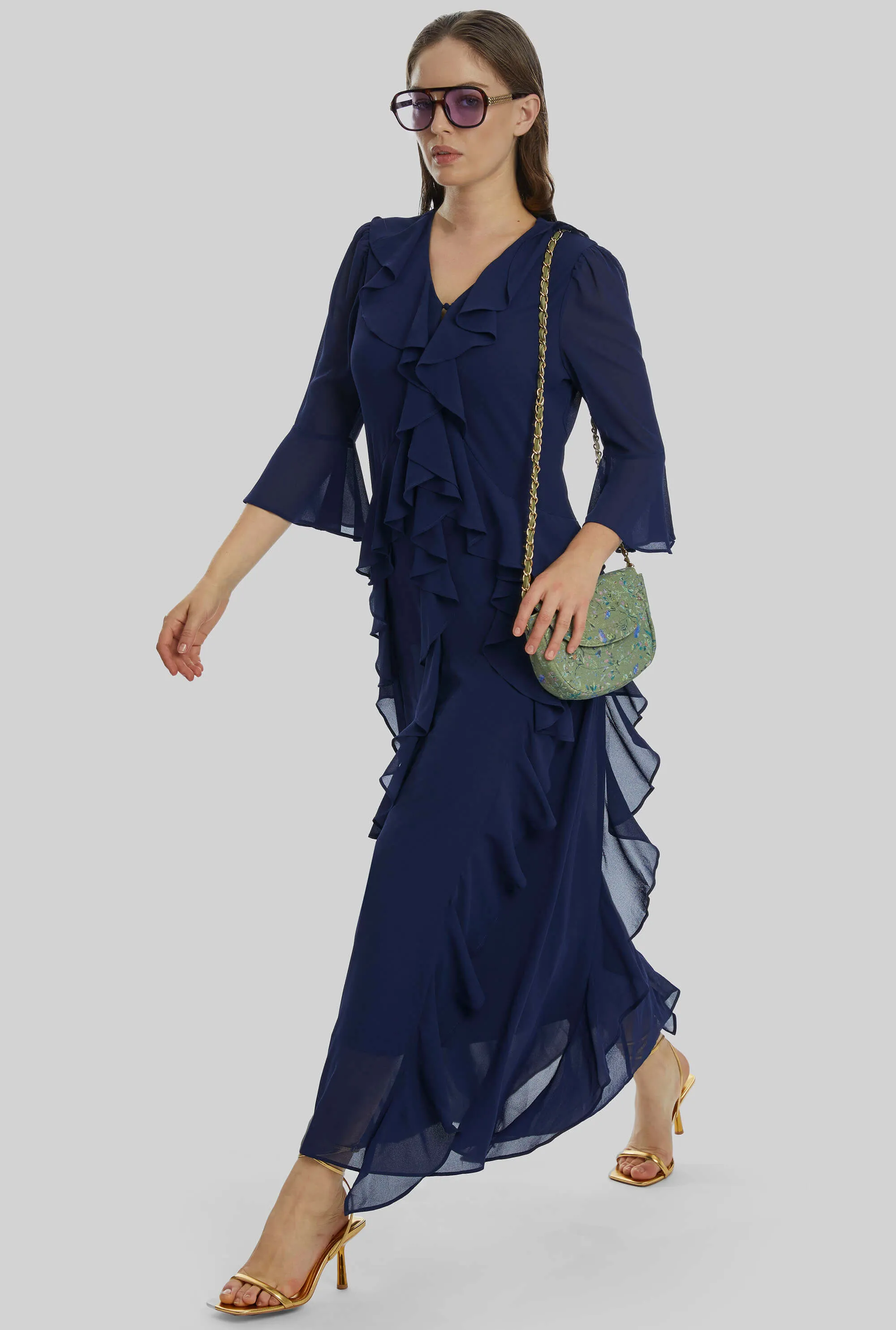 V-neck Chiffon Ruffle Dress In Navy