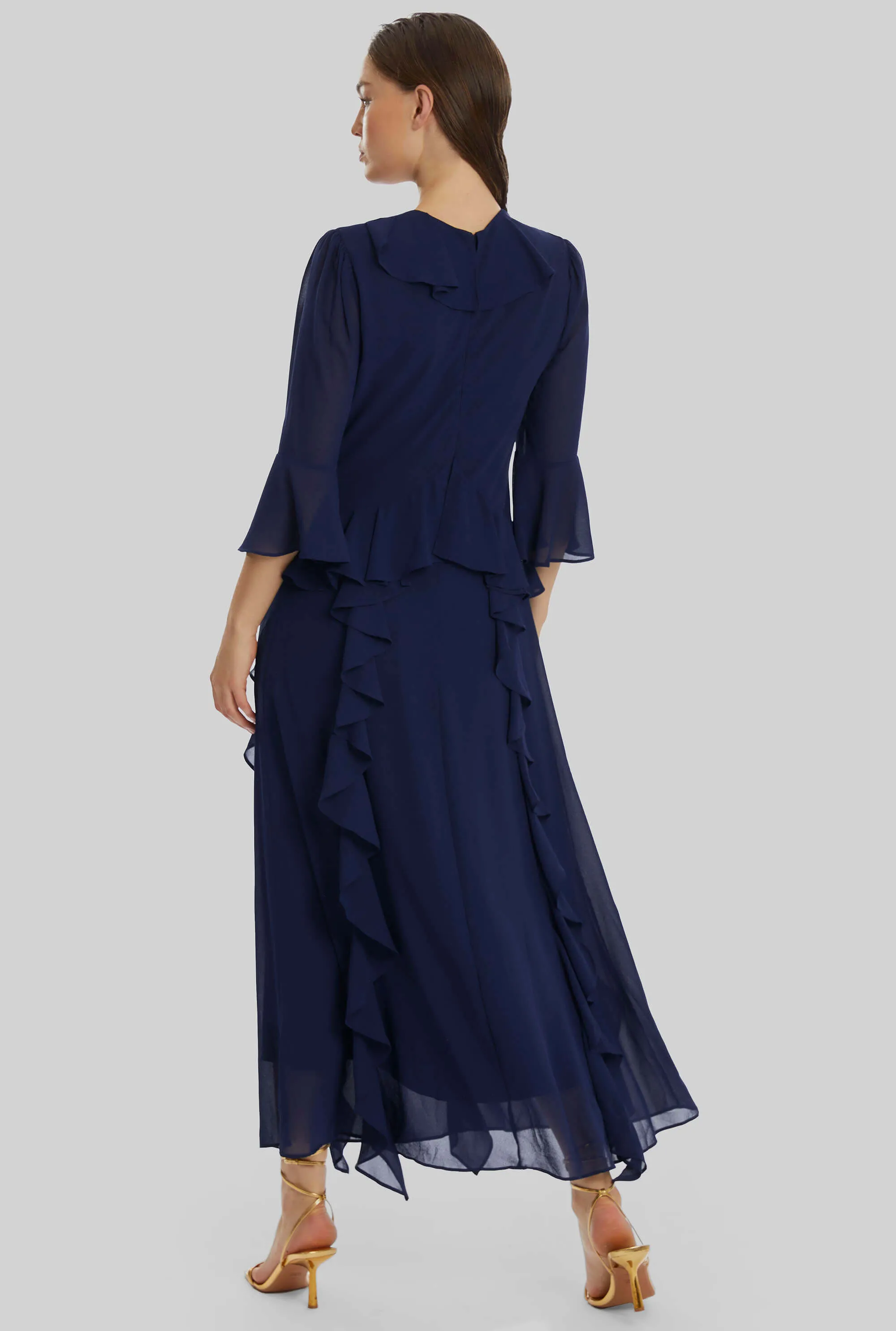 V-neck Chiffon Ruffle Dress In Navy