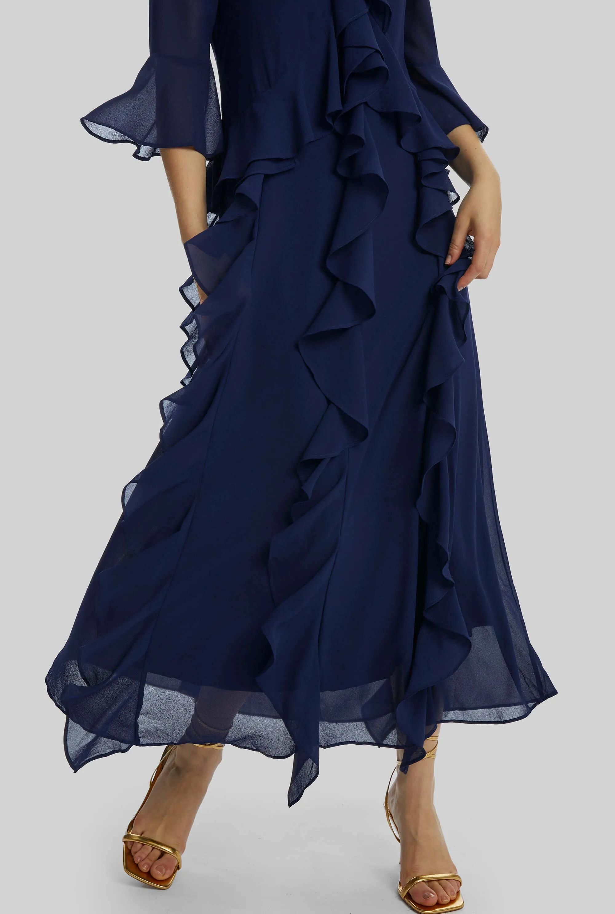 V-neck Chiffon Ruffle Dress In Navy