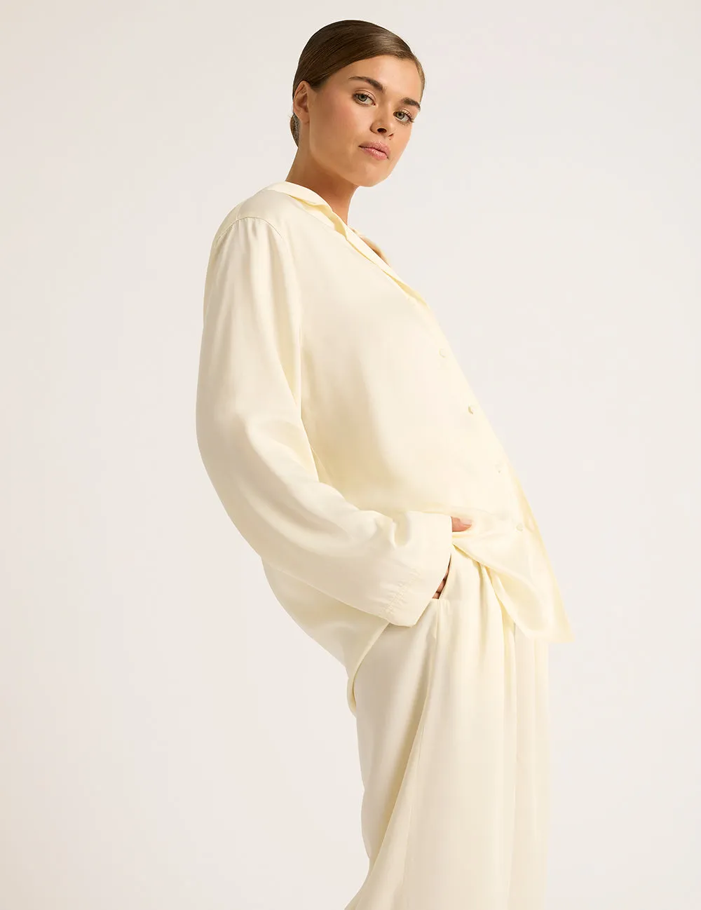 Vegan Silk Long Sleeve Sleep Shirt - Pearl