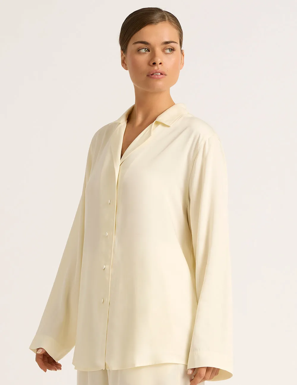 Vegan Silk Long Sleeve Sleep Shirt - Pearl