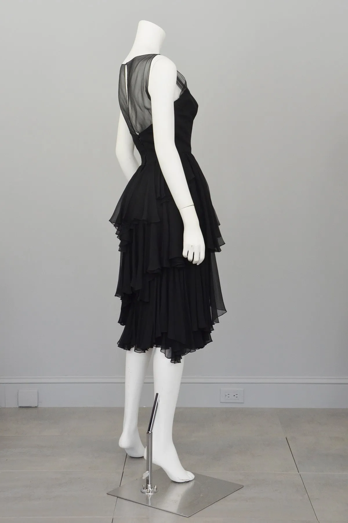 Vintage 1960s Black Chiffon Tiered Skirt Cocktail Dress