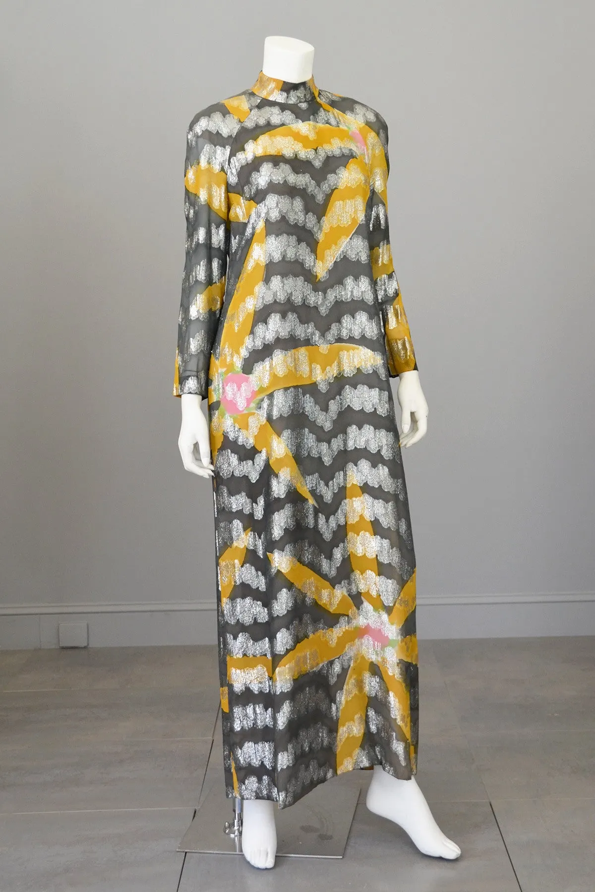 Vintage 70s Silver Lame Goldenrod and Charcoal Retro MOD Maxi Dress