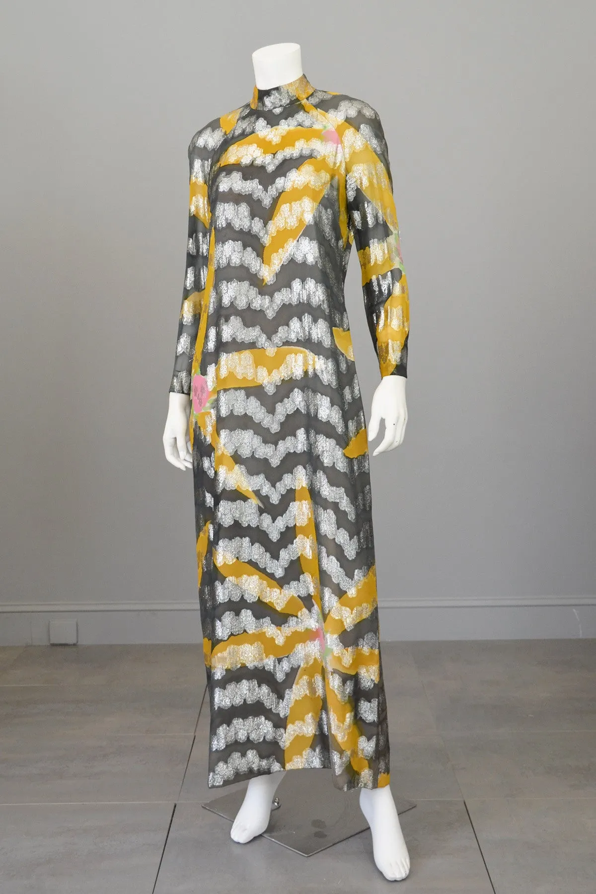 Vintage 70s Silver Lame Goldenrod and Charcoal Retro MOD Maxi Dress