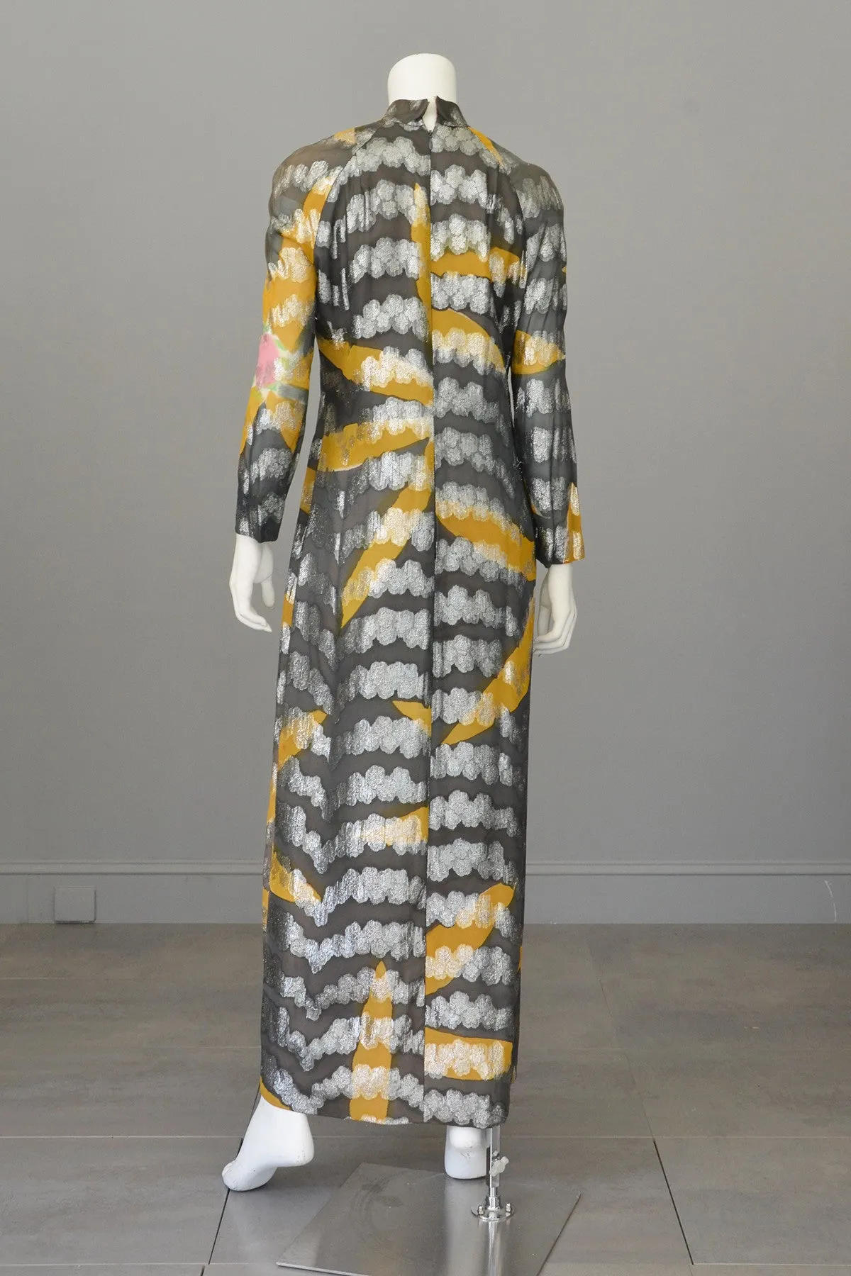 Vintage 70s Silver Lame Goldenrod and Charcoal Retro MOD Maxi Dress