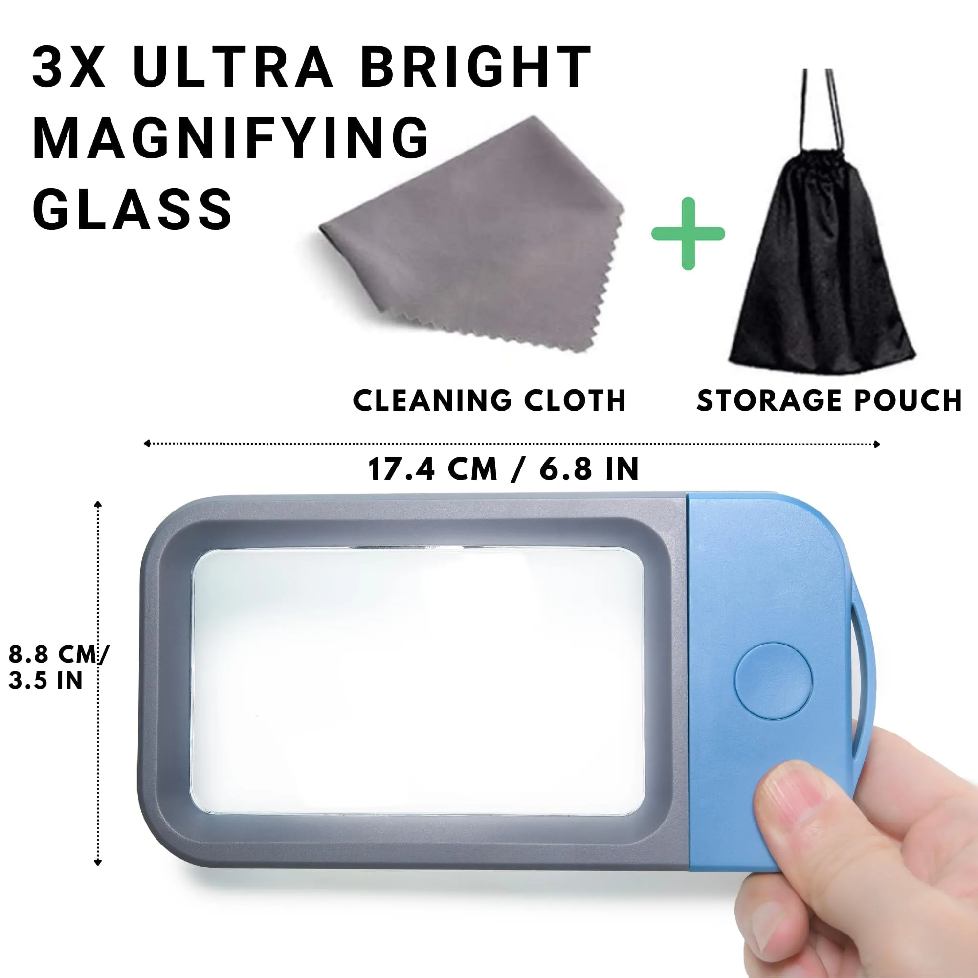 VOCA Magnifying Glass with Light, 3X Large Rectangle Reading Magnifier with 10 LEDs for Seniors with Macular Degeneration, Newspaper, Books, Small Print, for Low Visions (Blue)