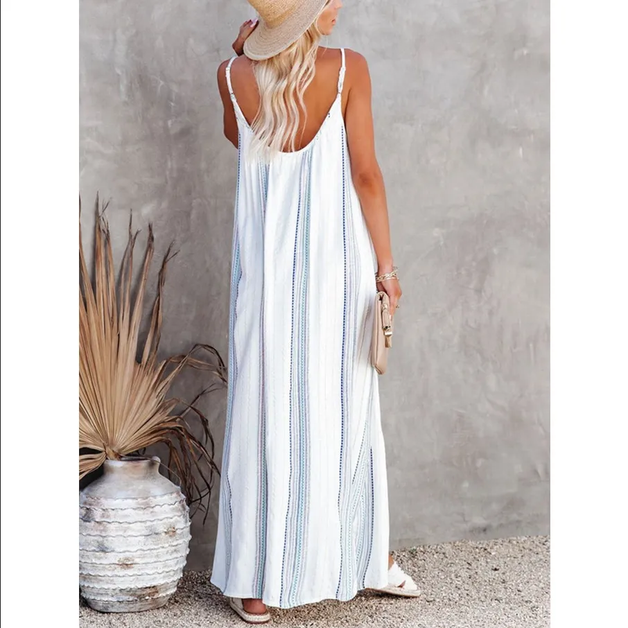 Wincosy Loose Striped Print Casual Maxi Dress