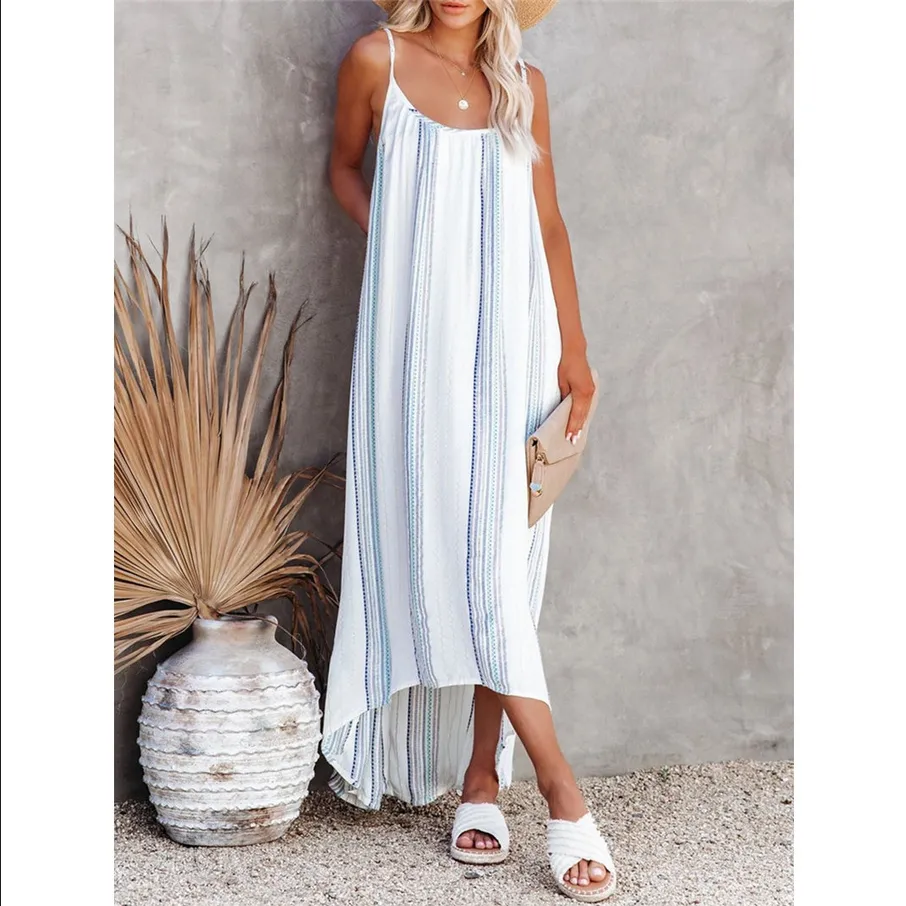 Wincosy Loose Striped Print Casual Maxi Dress